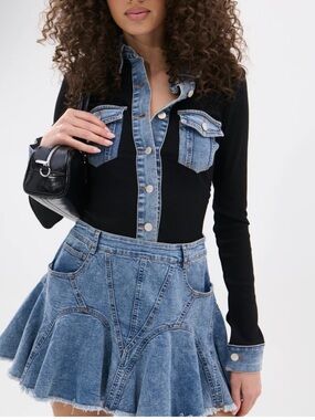 AKIRA Black Ribbed Bodice with Light Blue Denim Trim